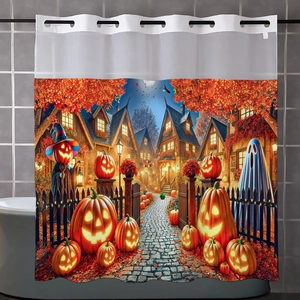 Detail of Halloween waffle weave shower curtain with pumpkin and ghost digital print