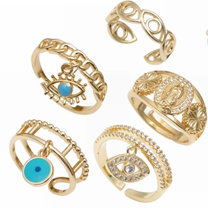 Evil Eye Virgin Mary Religious Open Adjustable Ring Copper Gold Plated Zircon Retro Fashion Accessory For Men Women