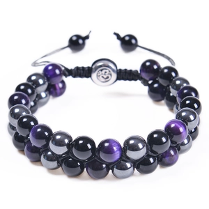 Double-layer purple tiger eye and black obsidian beaded bracelet with silver Om charm