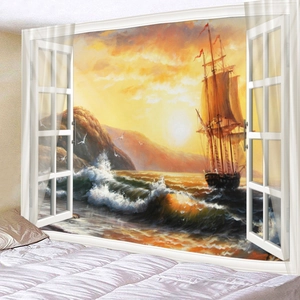 Detailed view of 3D window effect wall tapestry featuring a sunset sea and sailboat