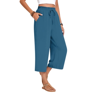 Women's dark blue high waisted linen wide leg cropped pants with drawstring waist