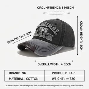 Washed cotton baseball cap with vintage embroidery and detailed size measurements chart