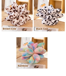 Detailed plush succulent pillows in cow print and rainbow tie-dye color options