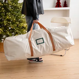 Beige 600D Oxford cloth Christmas tree storage bag with reinforced handles and card slot