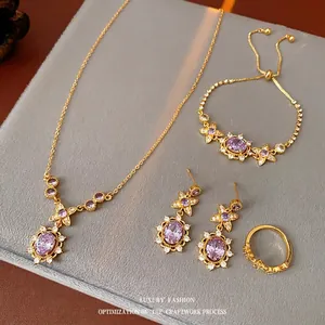 Vintage Flower Jewelry Set Gold Plated Copper Purple Zircon Necklace Earrings Bracelet Ring Women Retro Luxury Style