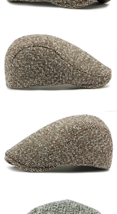 Close-up of wool blend ivy caps in brown and grey with premium woven fabric texture