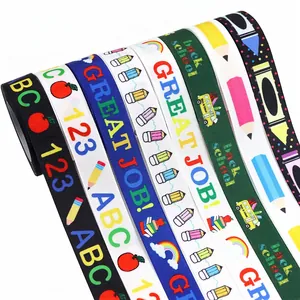 Colorful back to school grosgrain ribbon set with school bus and pencil patterns