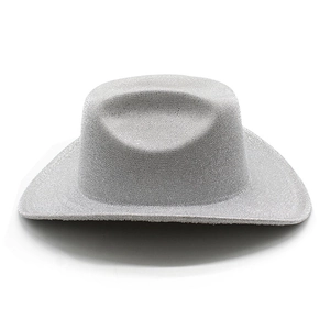 Detail view of the silver glitter surface and classic brim on the western cowboy party hat