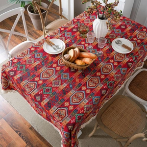 Ethnic style bohemian red jacquard tablecloth with tassels for festive dining decor