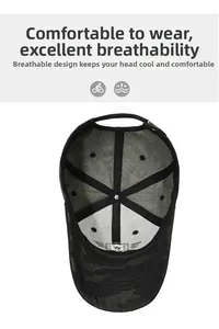 Detailed view of camouflage baseball cap interior featuring breathable fabric and lining