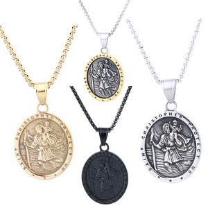 Saint Christopher Medal Necklace Vintage Stainless Steel Religious Oval Pendant Protection Jewelry For Men Women