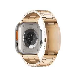 Vista detallada posterior de la correa de acero inoxidable dorado para Apple Watch 49mm