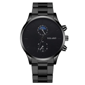 Men's fashion black quartz watch with stainless steel strap and dual dial design