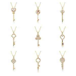 18K Gold Plated Heart Key Pendant Necklace Copper Rhinestone Inlaid Clavicle Chain Fashion Jewelry For Women Dating Gift