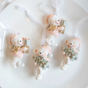 Set of four cute resin Christmas bear pendants with pink hats and golden scarves