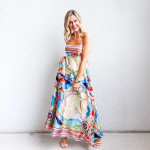 Women's summer floral print maxi dress with nautical elements and vibrant satin finish