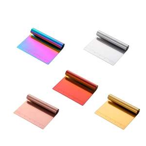 Set of stainless steel dough scrapers with scales in multi-color metallic finishes