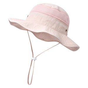 Detail of pink kids sun hat featuring breathable mesh crown and adjustable wind cord