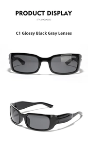Detail view of Y2K retro narrow rectangle sunglasses in glossy black frame with grey lenses