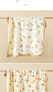 Detail of 6-layer cotton gauze baby swaddle towels featuring cartoon duck and lion prints