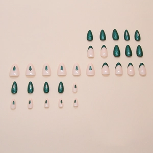 Christmas tree design green glitter press-on nails set in French style almond shape