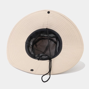 Beige wide brim outdoor sun hat with breathable mesh lining and adjustable windproof cord
