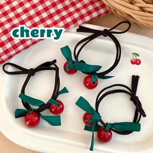 Three-piece set of girls bow hair ties with cherry beads in black red and green
