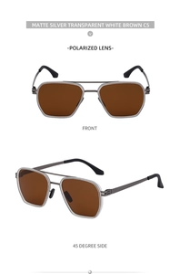 Dual view of pilot polarized sunglasses with matte silver metal frame and brown lenses