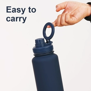 Portable dark blue insulated water bottle lid with magnetic phone holder and easy carry handle