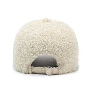 Beige faux fur teddy baseball cap back view with adjustable silver metal buckle