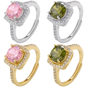 Copper Ring Round Zirconia Micro-Set Halo Design Open Adjustable Fashion Jewelry Women