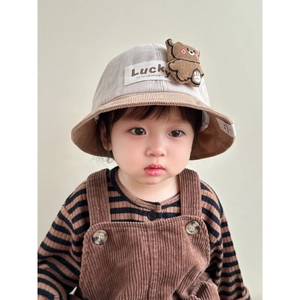 Baby corduroy sun hat with cute bear patch and lucky label in beige and brown colors