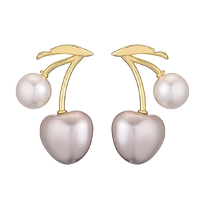 Elegant gold cherry stud earrings with pink shell pearls on a clean white background