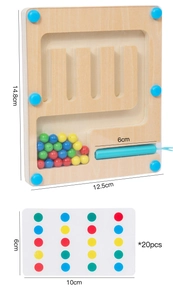 Macro view of magnetic color sorting maze with wooden board and 20 pattern cards