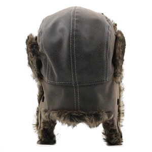 Thickened brown leather aviator hat with warm faux fur earflaps and contrast stitching