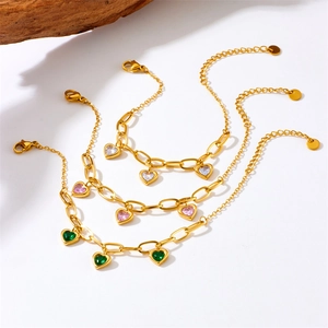 Vintage Gold Plated Stainless Steel Heart Rhinestone Chain Bracelet For Women Fashion Colorful Gemstone Pendant Jewelry Gift