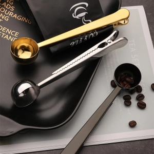 Three-color stainless steel coffee scoop clips in gold, silver, and black finishes