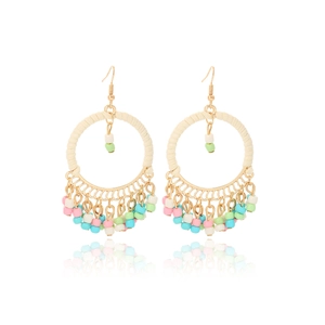Bohemian geometric round hoop earrings with colorful handmade beaded tassel fringe