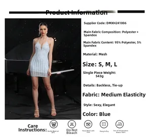 Détail de la robe de soirée en résille bleue à strass avec dos nu sexy à nouer