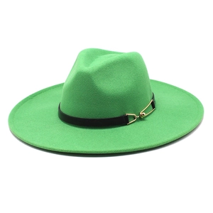 Detailed close-up of a green wool fedora hat featuring a black band and gold metal buckle