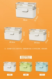 Three sizes of multi-layer family medical storage boxes with dimensions and color options