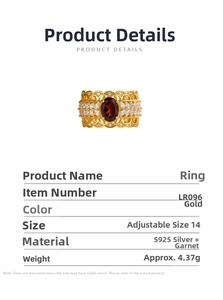 Macro detail of a vintage S925 silver ring with a red garnet stone in gold finish