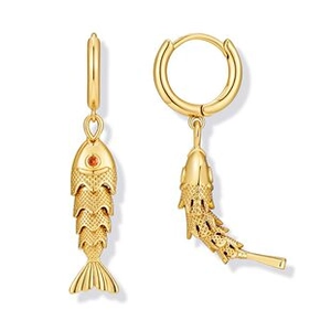 Detailed view of flexible gold fish earrings with scales and red gemstone eyes