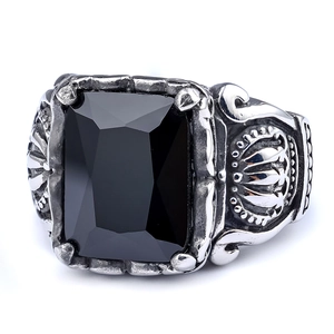 Vintage gothic men's stainless steel crown ring with large rectangular black zircon stone