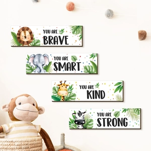 Set of 4 animal nursery wood signs with brave elephant and lion inspirational quotes