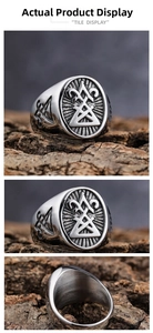 Macro view of vintage stainless steel gothic ring with mystical sigil seal engravings