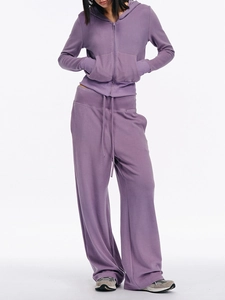 Women's purple hooded tracksuit set with soft zip-up sweatshirt and drawstring pants