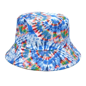 Detailed close-up of rainbow tie-dye pattern and stitching on a cotton bucket hat
