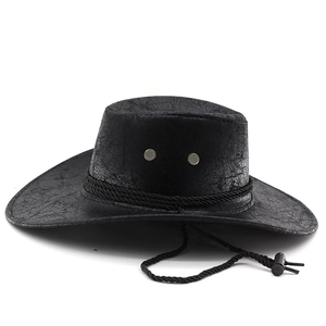Close-up of black western cowboy hat with woven band, wind rope and metal eyelets