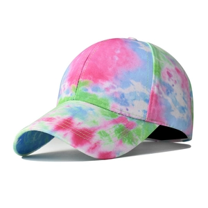 Colorful tie-dye cotton baseball cap for women with vibrant pink and blue street style